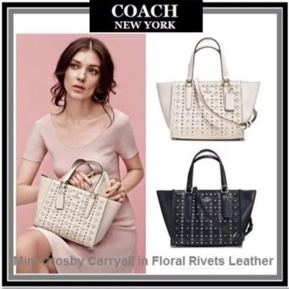 COACH Navy Mini Crosby Carryall Satchel Handbag w/Black Floral & Rivet Details - Picture 6 of 16